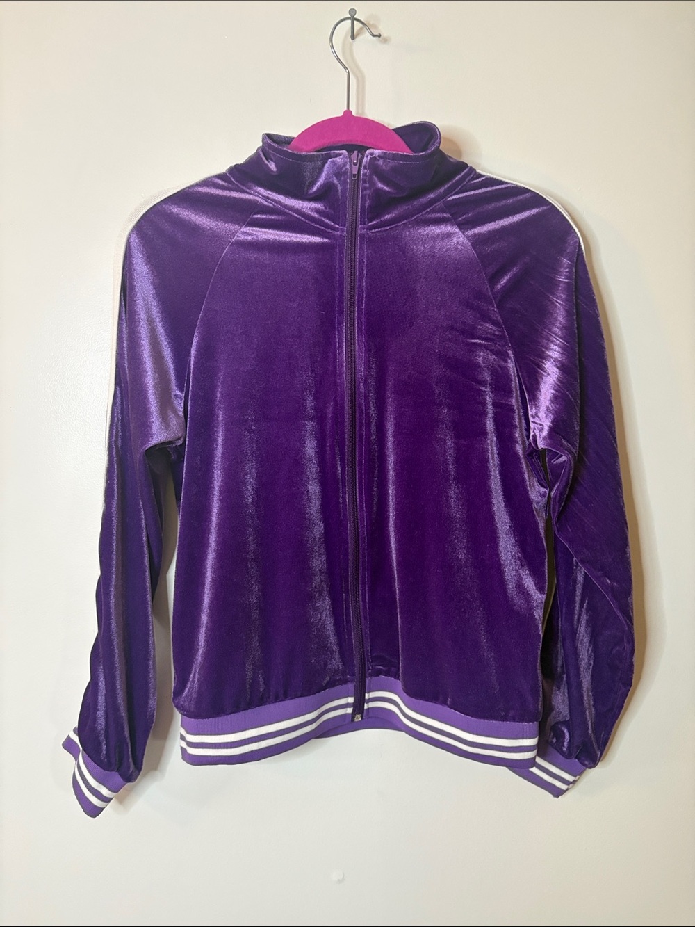 Trendy Purple Velvet Zip-Front Track Jacket- Ekouaer Size S